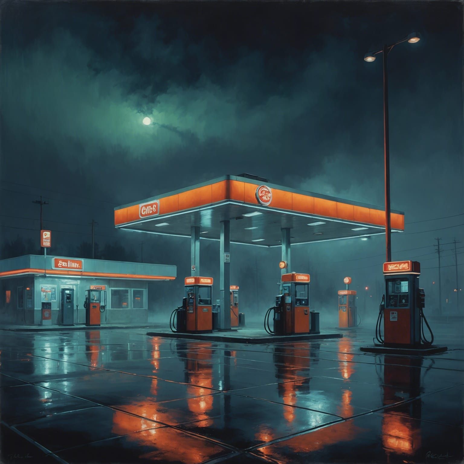 Eerie Retro Gas Station Nocturne in Oil