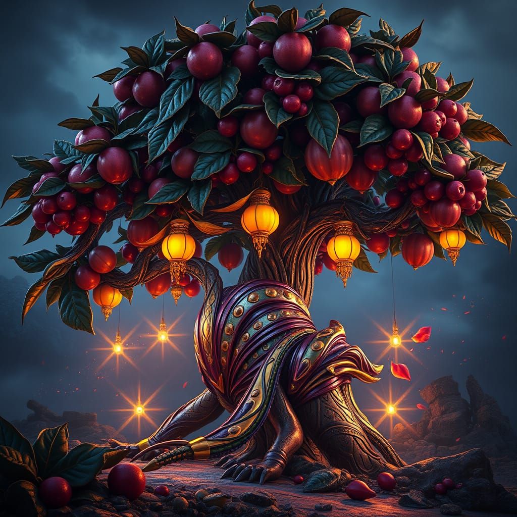 Metal Tree of Illuminated Fruits in Vivid Colors