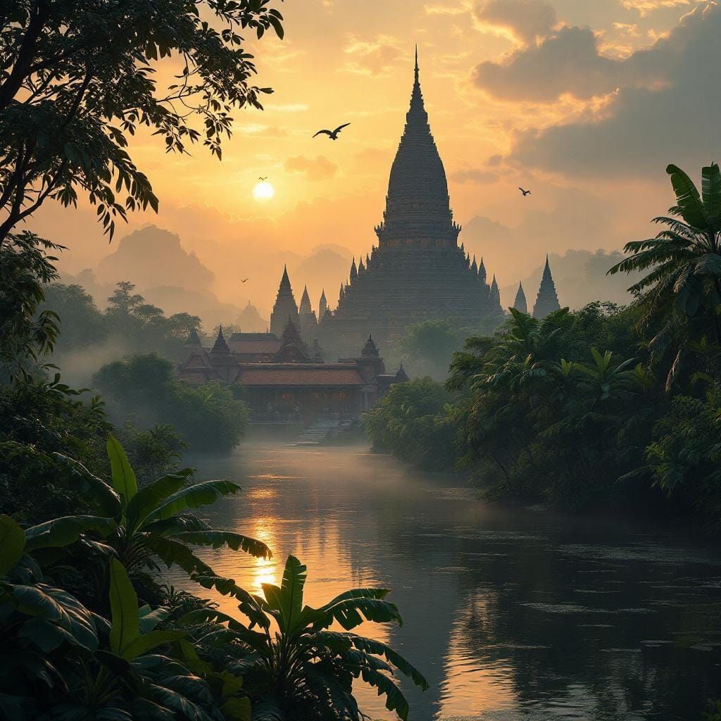 Majestic Thai Wat in Jungle at Golden Hour