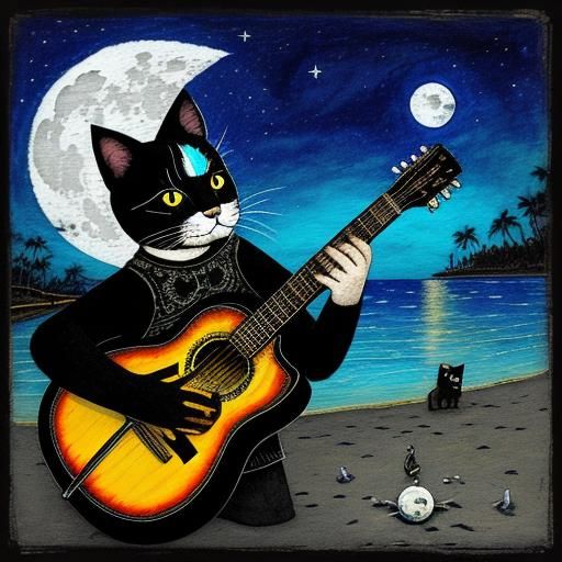 Cat Playing Guitar on Beach in Surreal Patchwork
