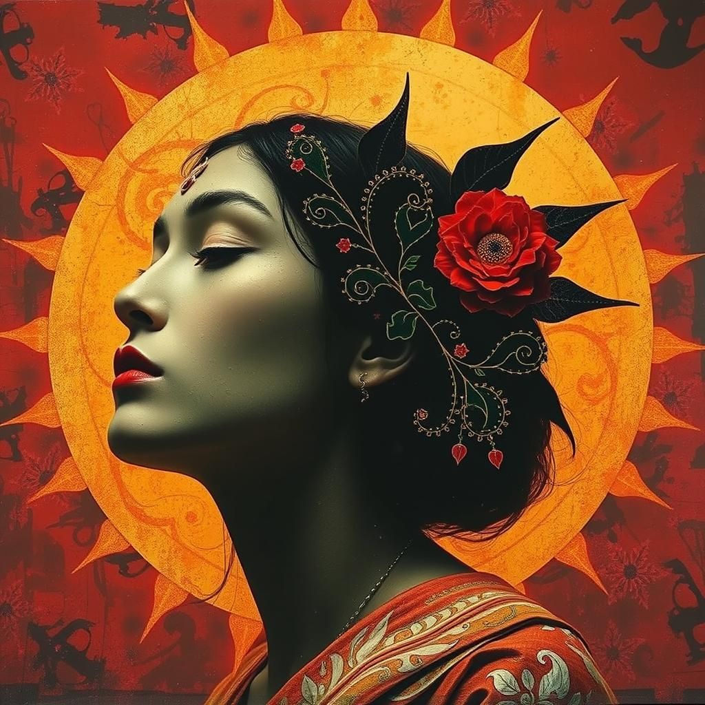 Sun Queen in Mixed Media Screen Print Style