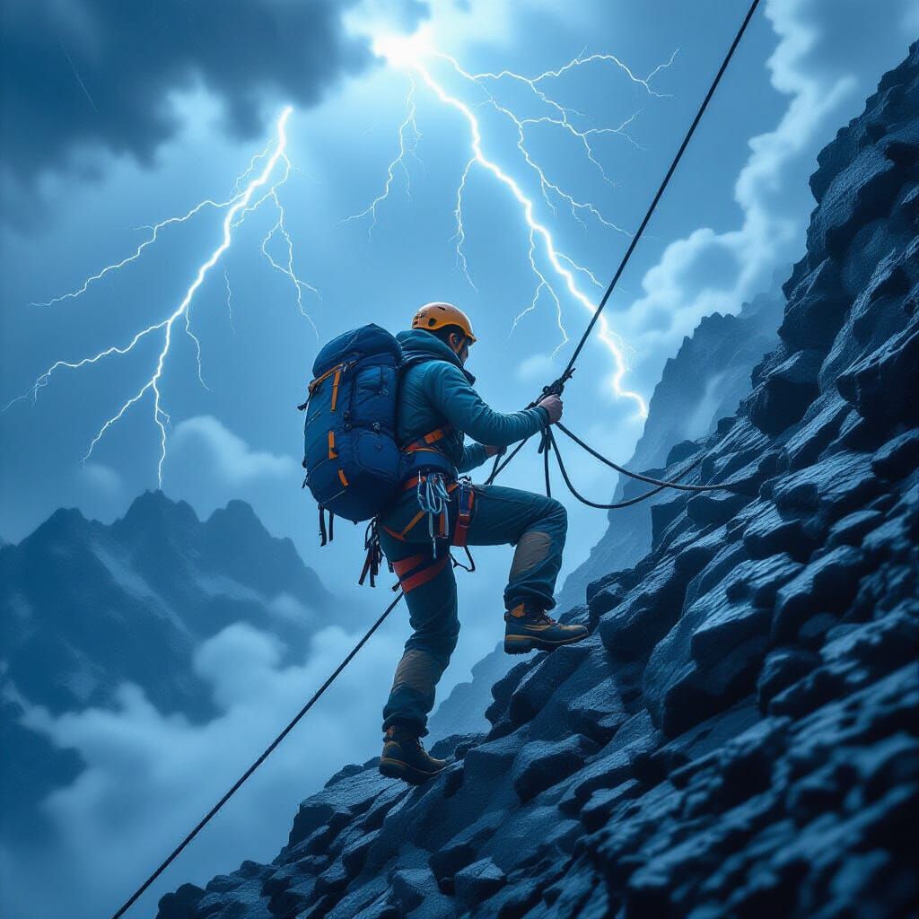 Determined Athlete Climbs Stormy Mountain Peak