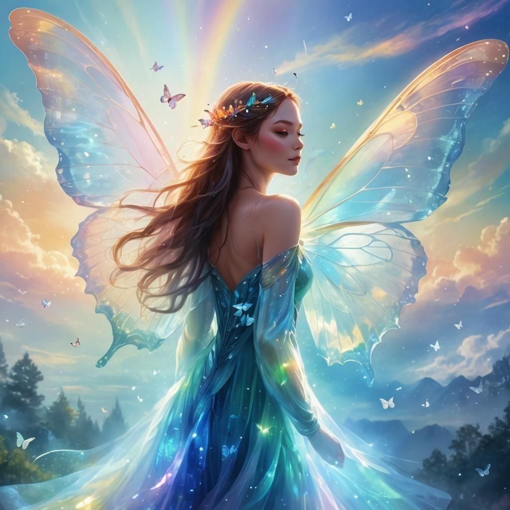 Beautiful Woman with Butterfly Wings Over Azure Ocean