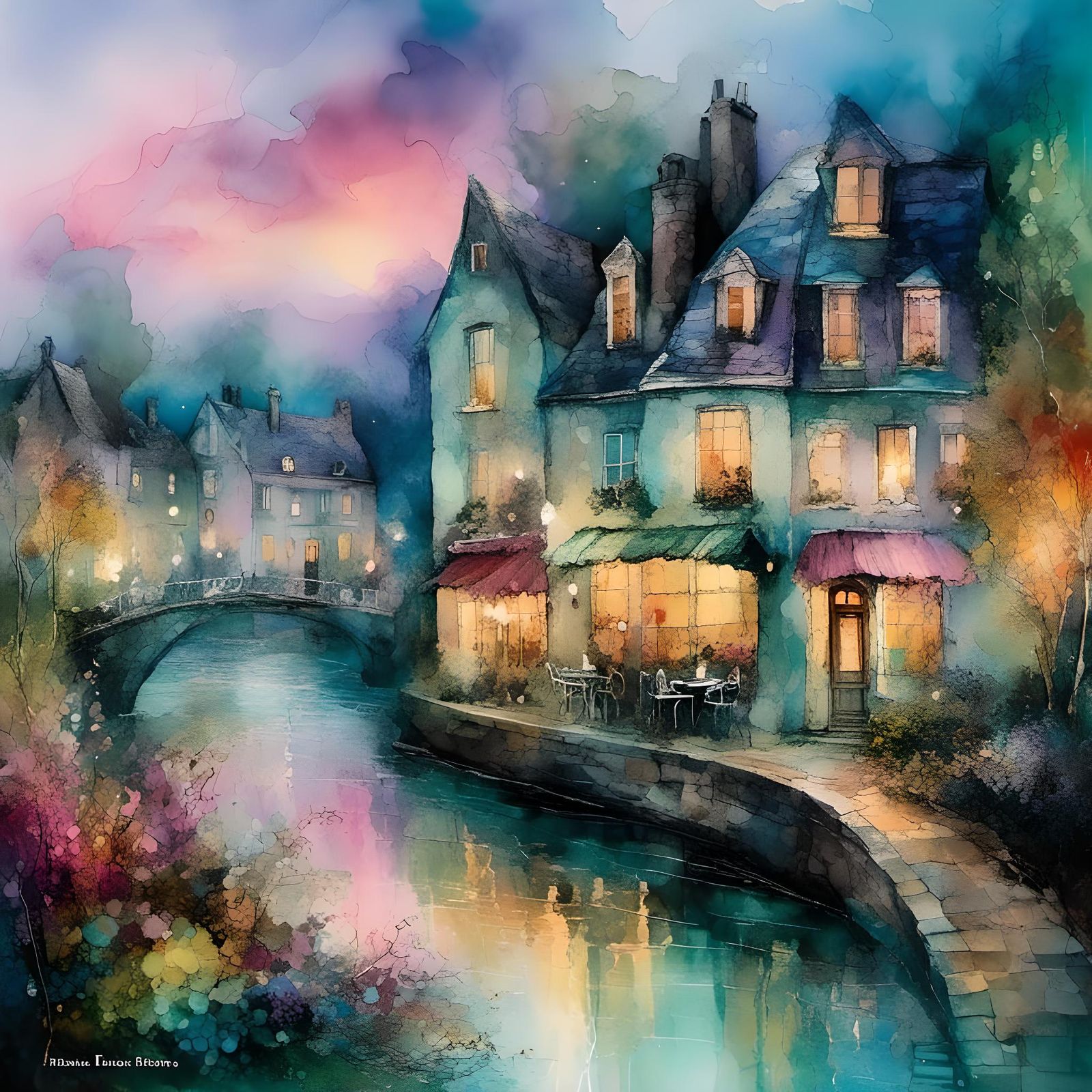 Romantic Canal Cafe in Art Nouveau Style