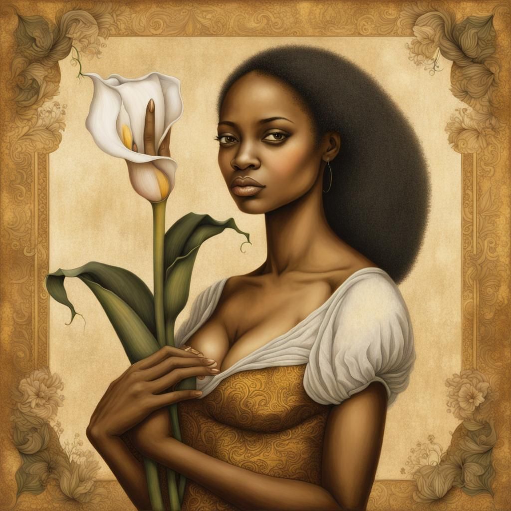 Woman with Calla Lily and Golden Tapestry