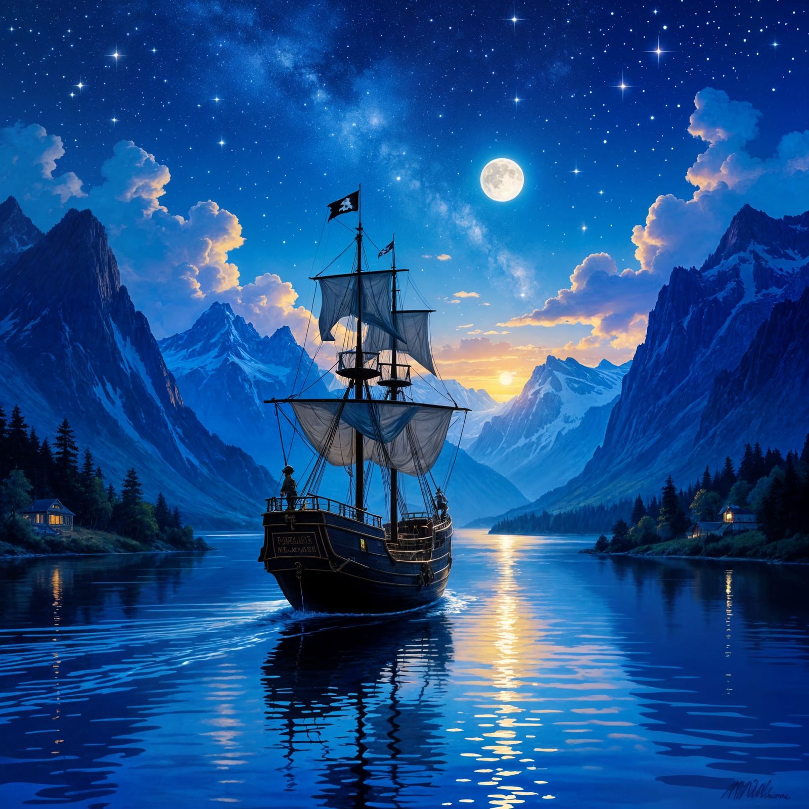 Epic Pirate Ship Amidst Starry Mountain Landscape