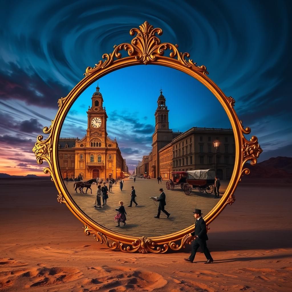 Baroque Mirror Reflects Surreal Cityscape in Desert
