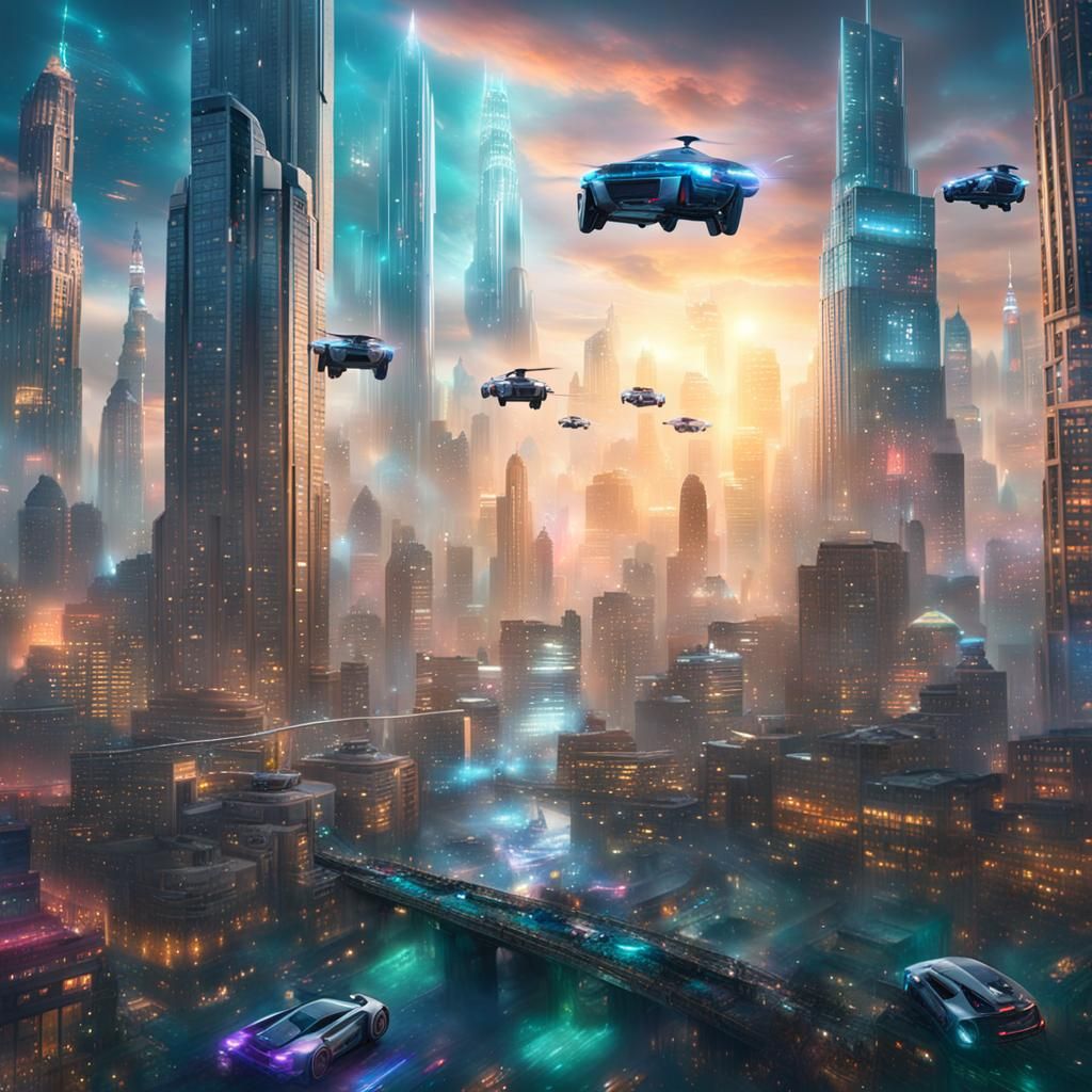 A futuristic cityscape with flying cars and towering skyscra...