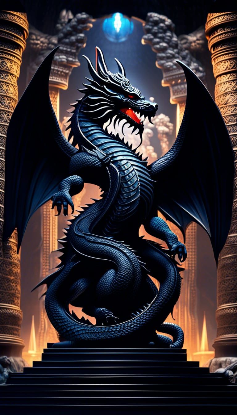 Black Dragon God in Magical Temple, Photorealistic Art