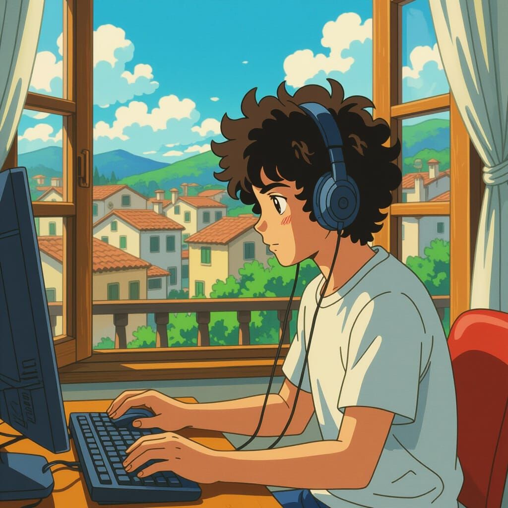 Studio Ghibli Style Italian Boy Gaming