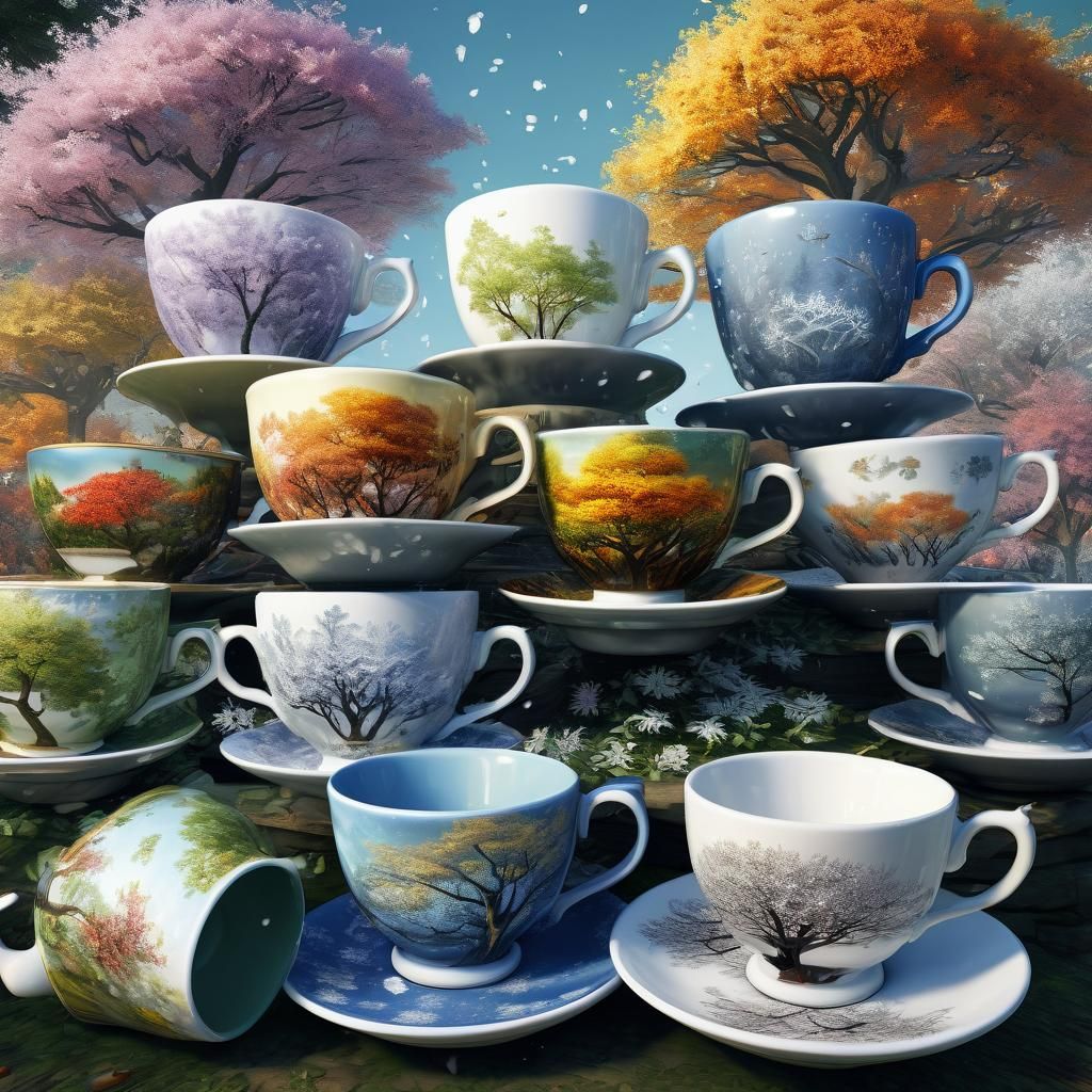 Seasons in Teacups: A Detailed Digital Painting