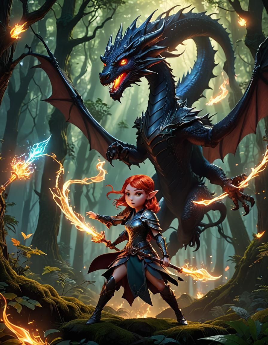 whimsical fantasy character Elf and her dragon
