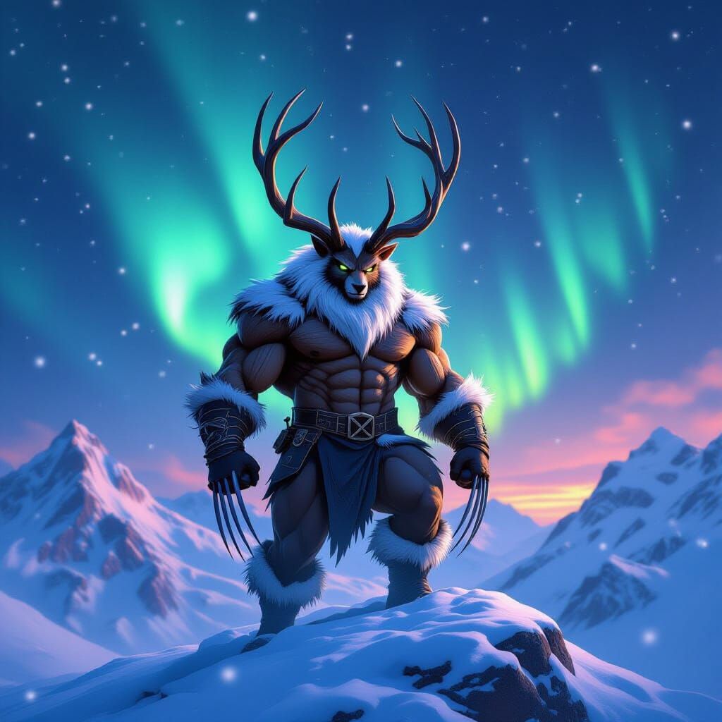 Wolverine-Bullwinkle Hybrid on Snowy Peak Under Aurora