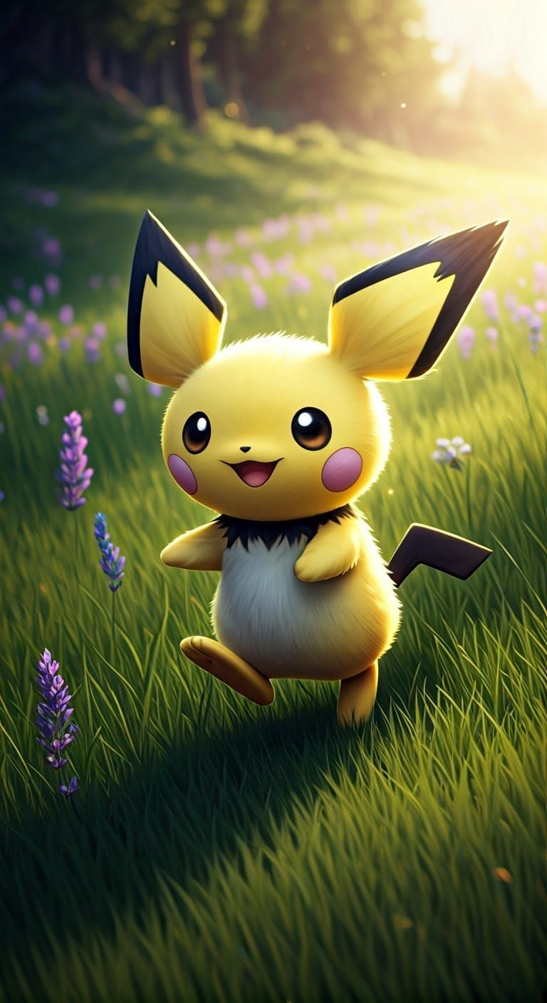 Vibrant Pichu Hops in a Whimsical Field of Lavender and Baby...