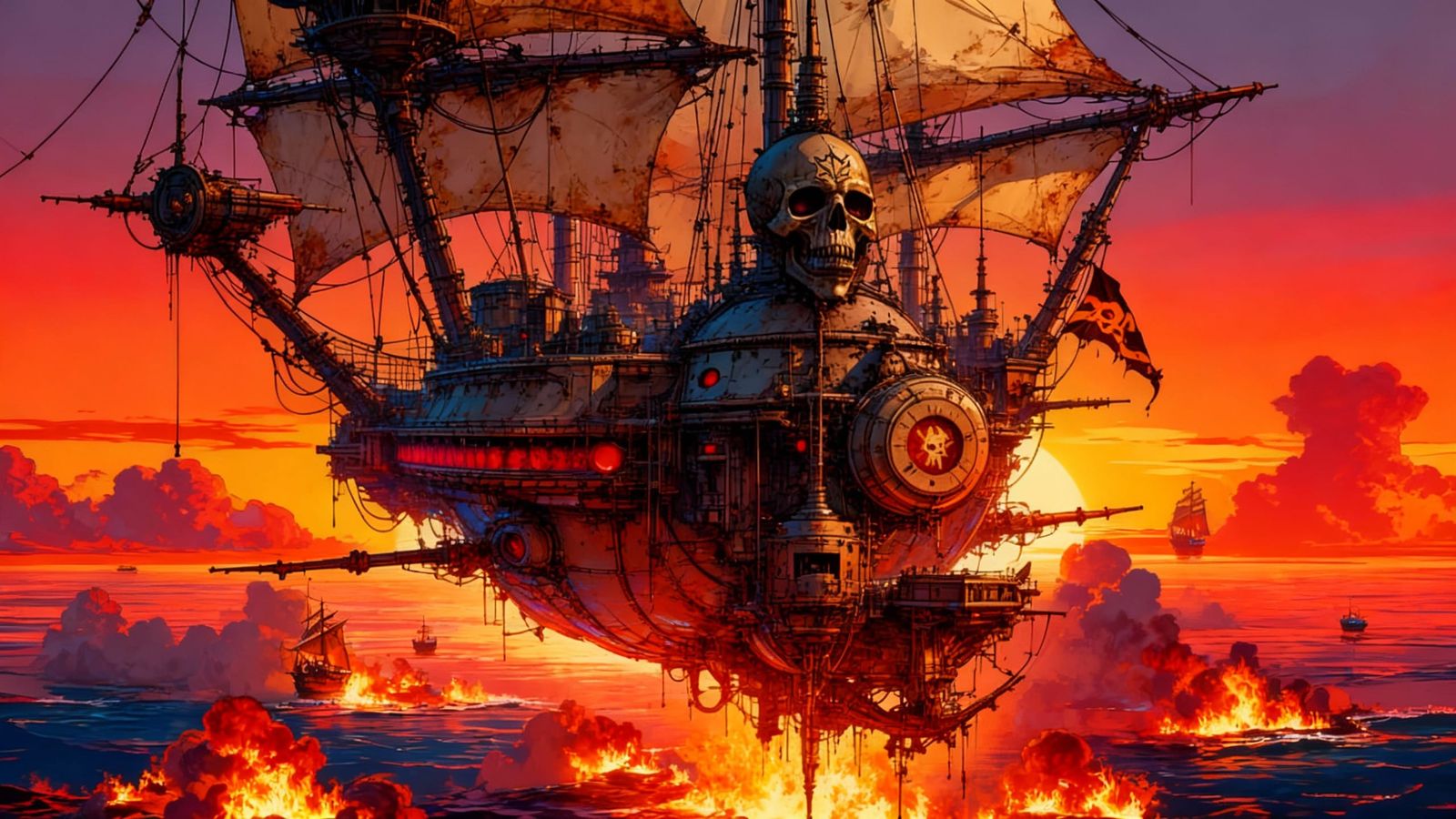 Retro-Futuristic Pirate Ship Soars Over Burning Ships
