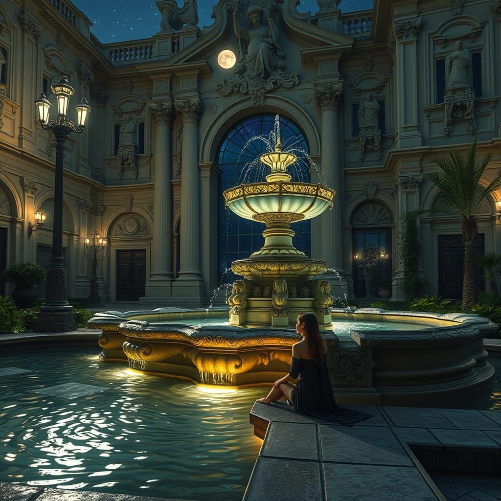 Moonlit Courtyard Fountain Featuring Baroque Architecture