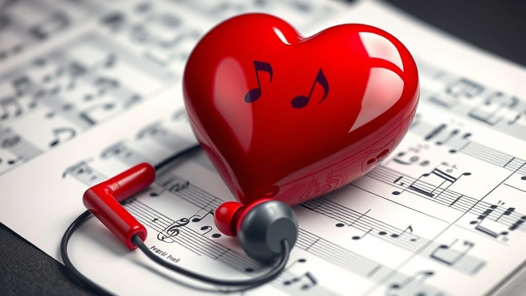 Glossy Red Heart Rests on Sheet Music with Earbuds