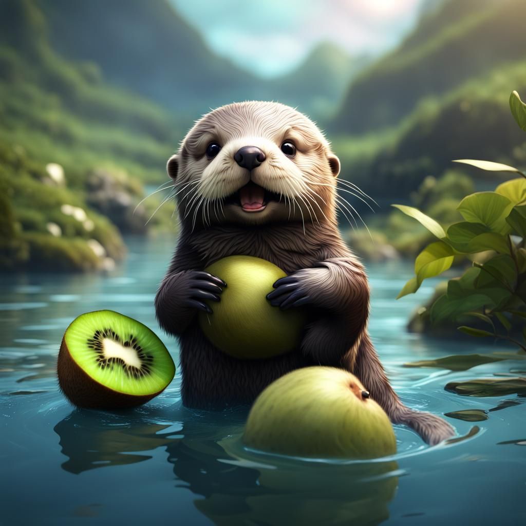 Baby Sea Otter Enjoys Kiwi in River