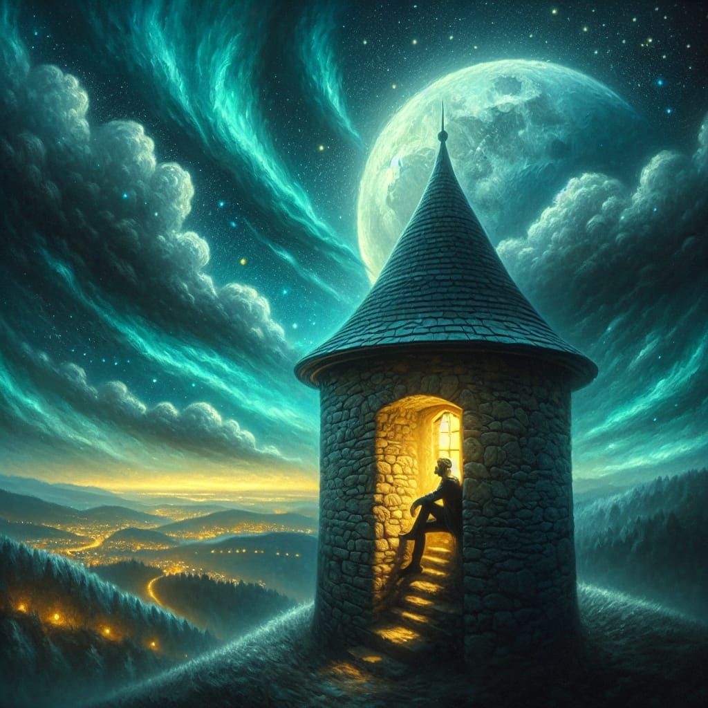 Mystical Night Scene: Stone Tower Under Moonlight