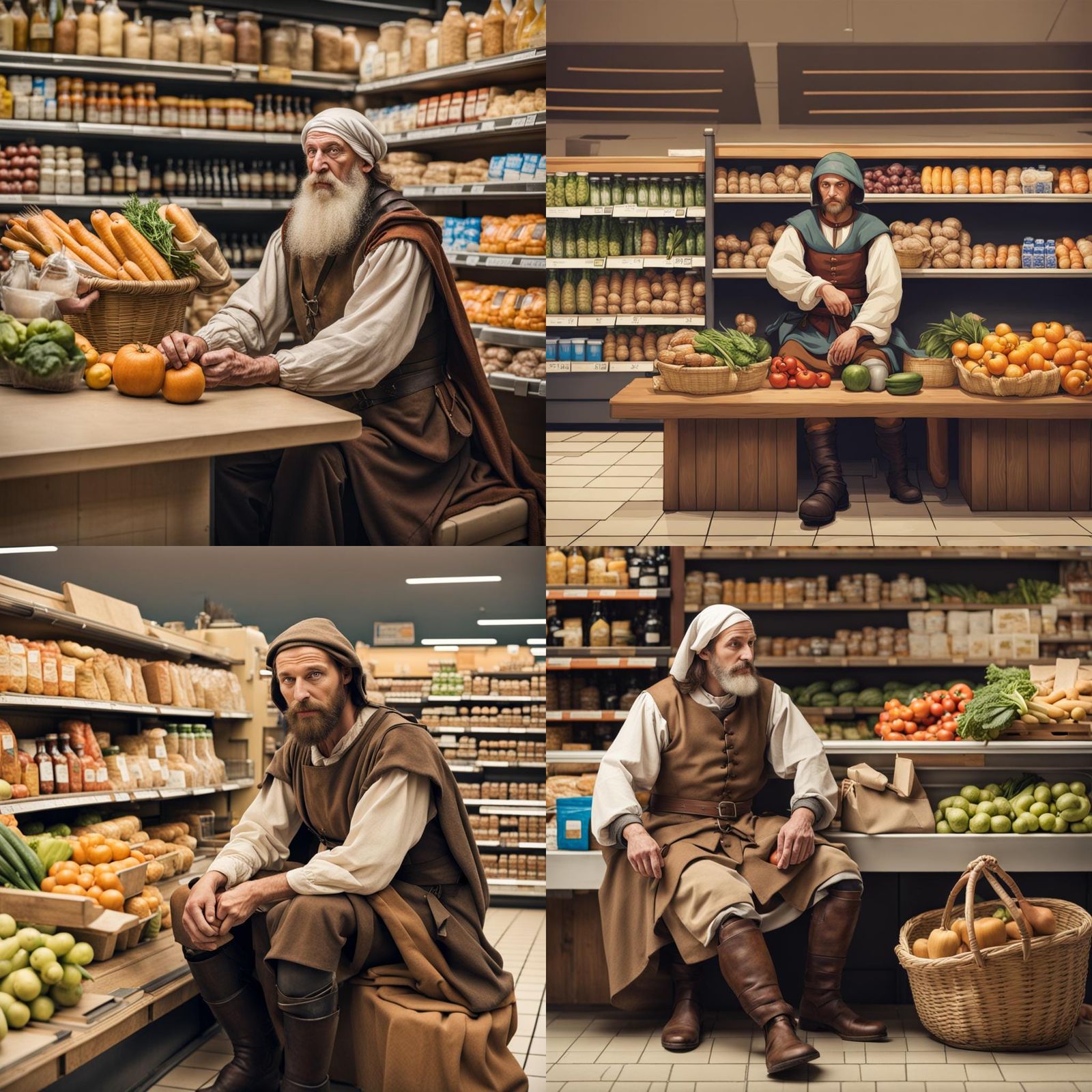 Medieval Peasant at Modern Supermarket Checkout