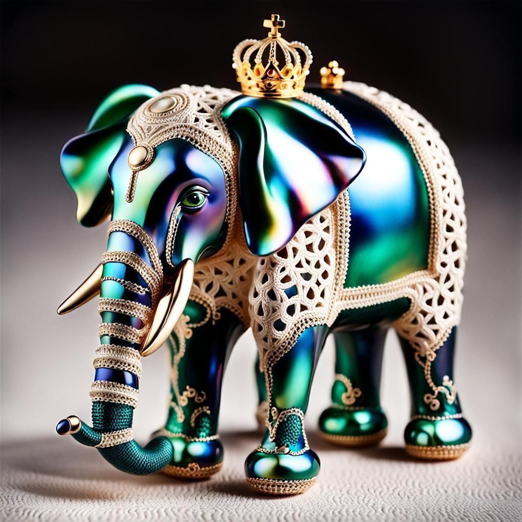 Faberge-Inspired Crocheted Elephant in Pearlescent Hues