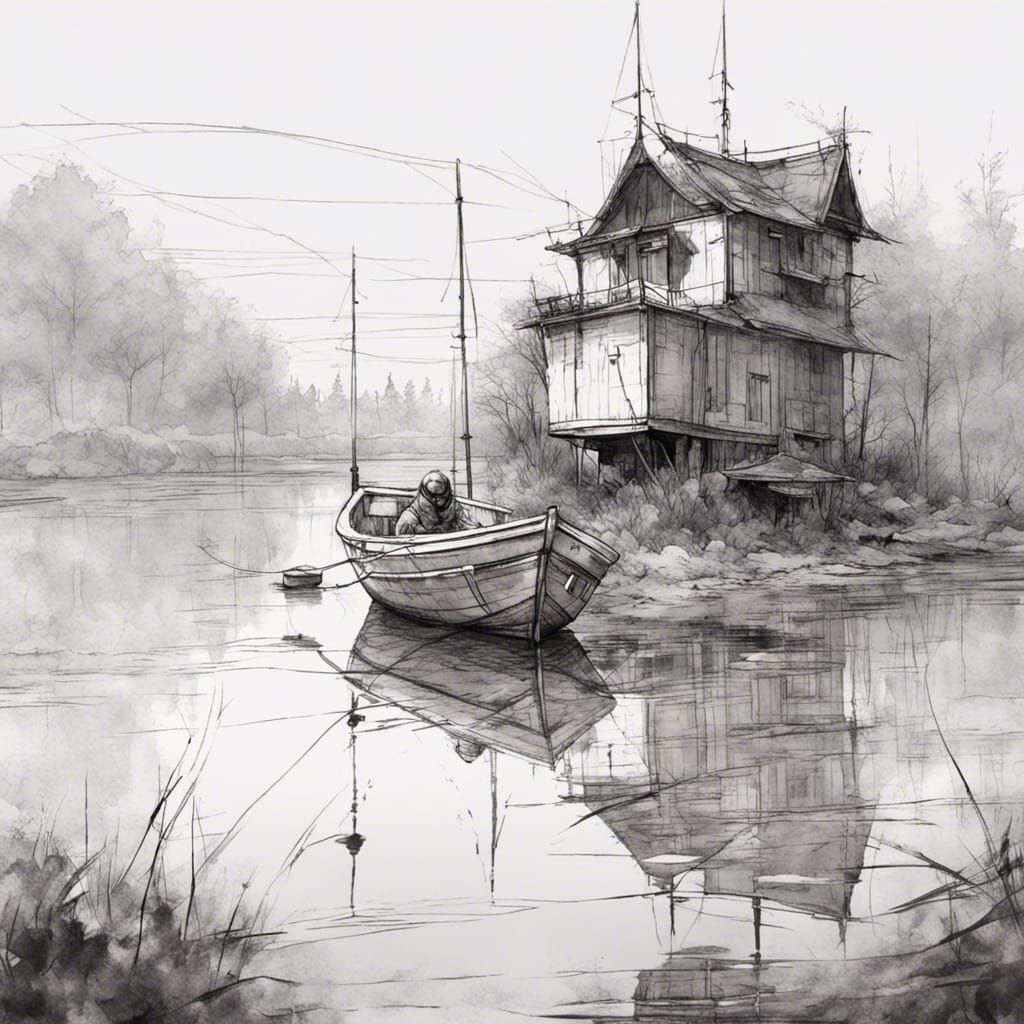 Peaceful Lake Boat in Whimsical Ink Sketch