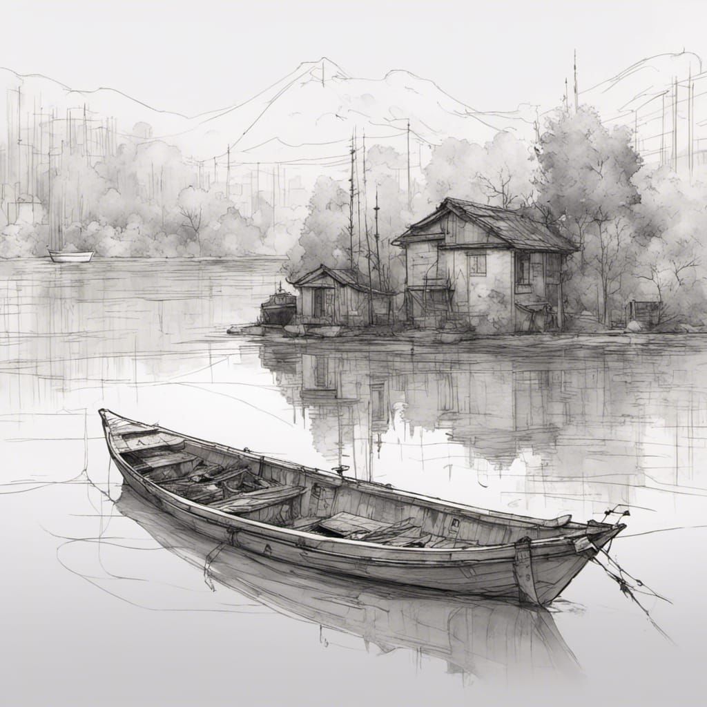Boat on Peaceful Lake: Whimsical Urban Sketch
