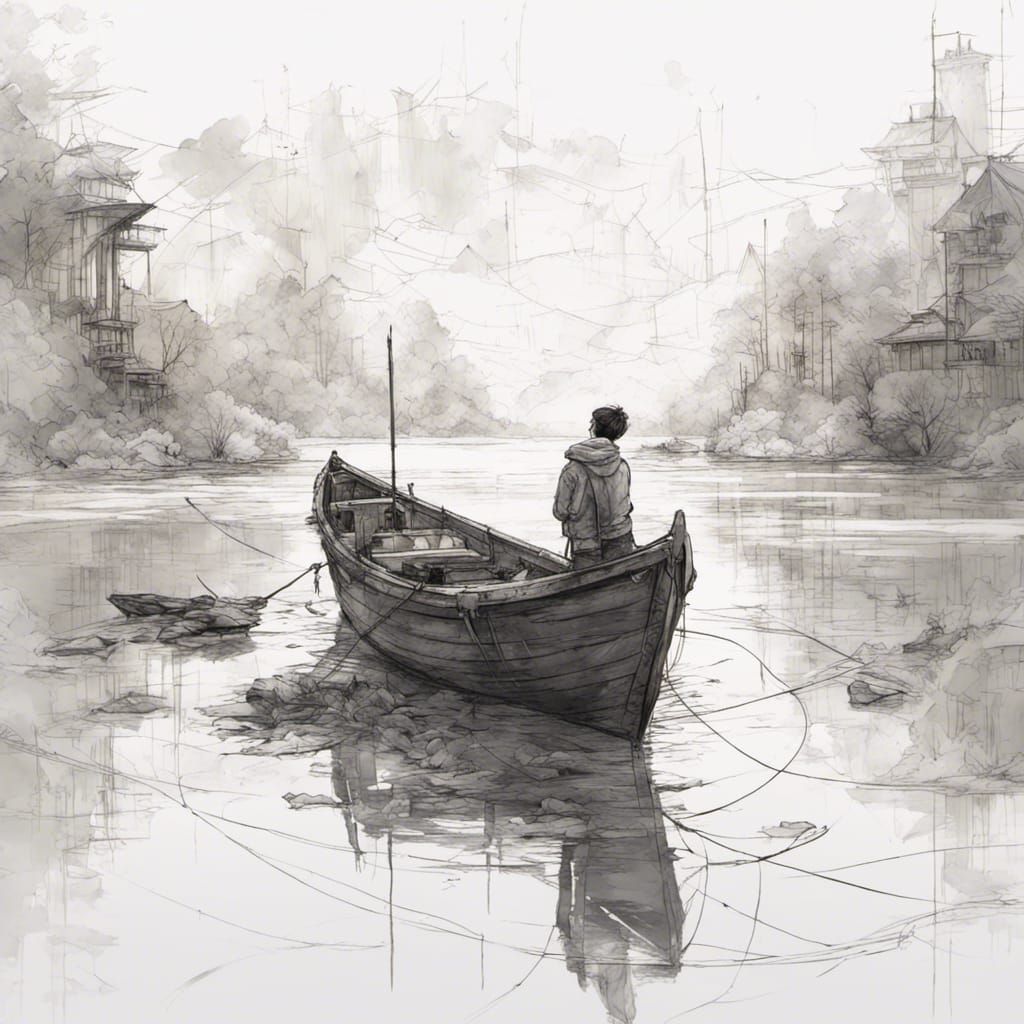 Boat on Peaceful Lake: Whimsical Urban Sketch