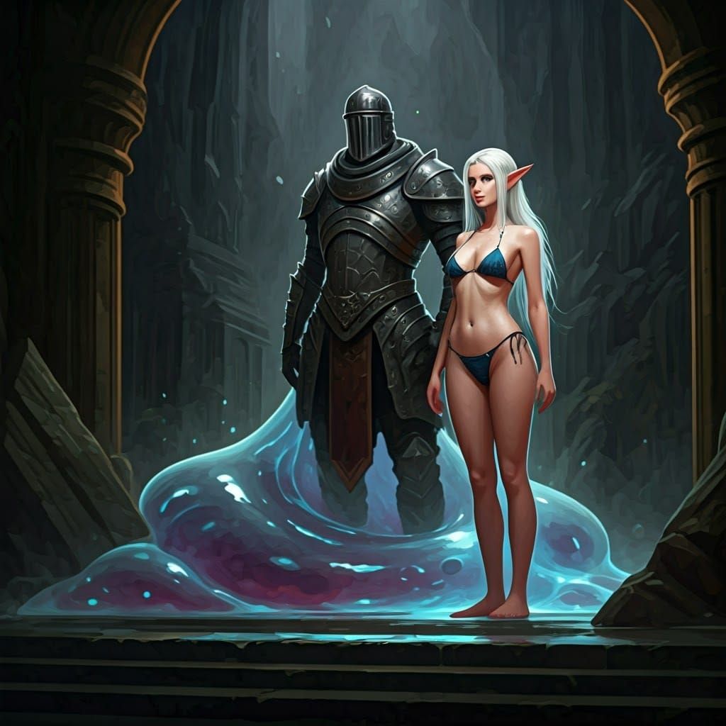 Grey Slime Knight Guards Elven Woman in a Dramatic Digital P...