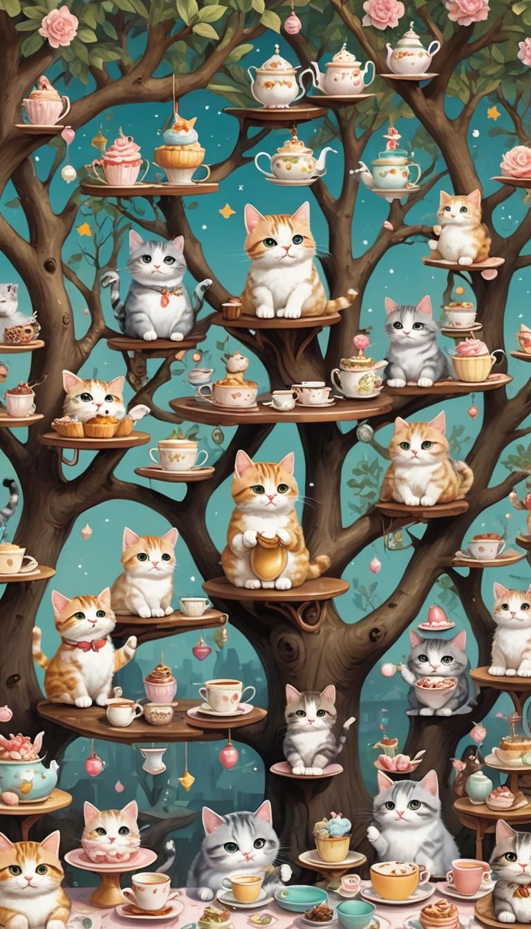 Kittens' Tea Party in a Whimsical Treehouse Cafe