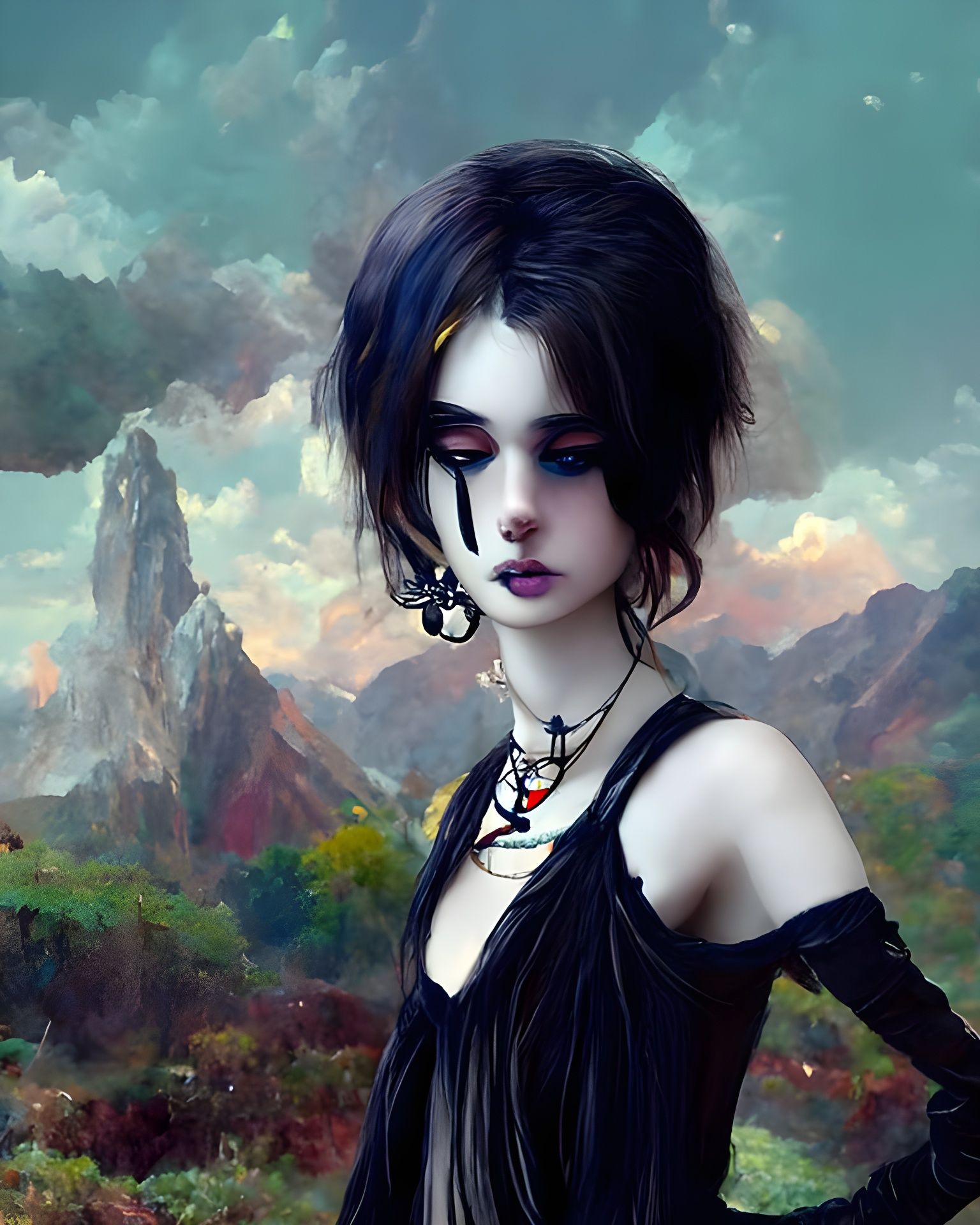 Gothic Girl with Black Tear and Ankh Necklace