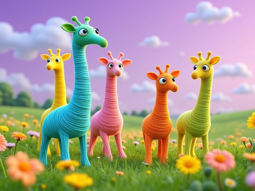 Whimsical Giraffes in Knitted Yarn Necks in 3D Cartoon