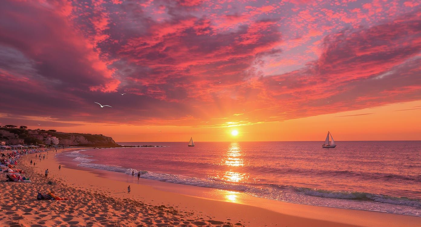 Sparkling Sunset Over Shimmering Sea with Sandy Shore