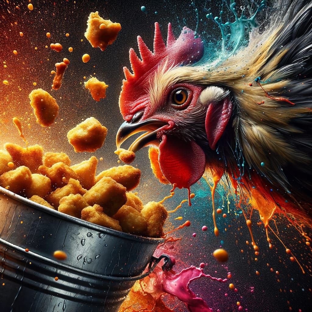 A Hen Devours KFC in Hyperrealistic Style