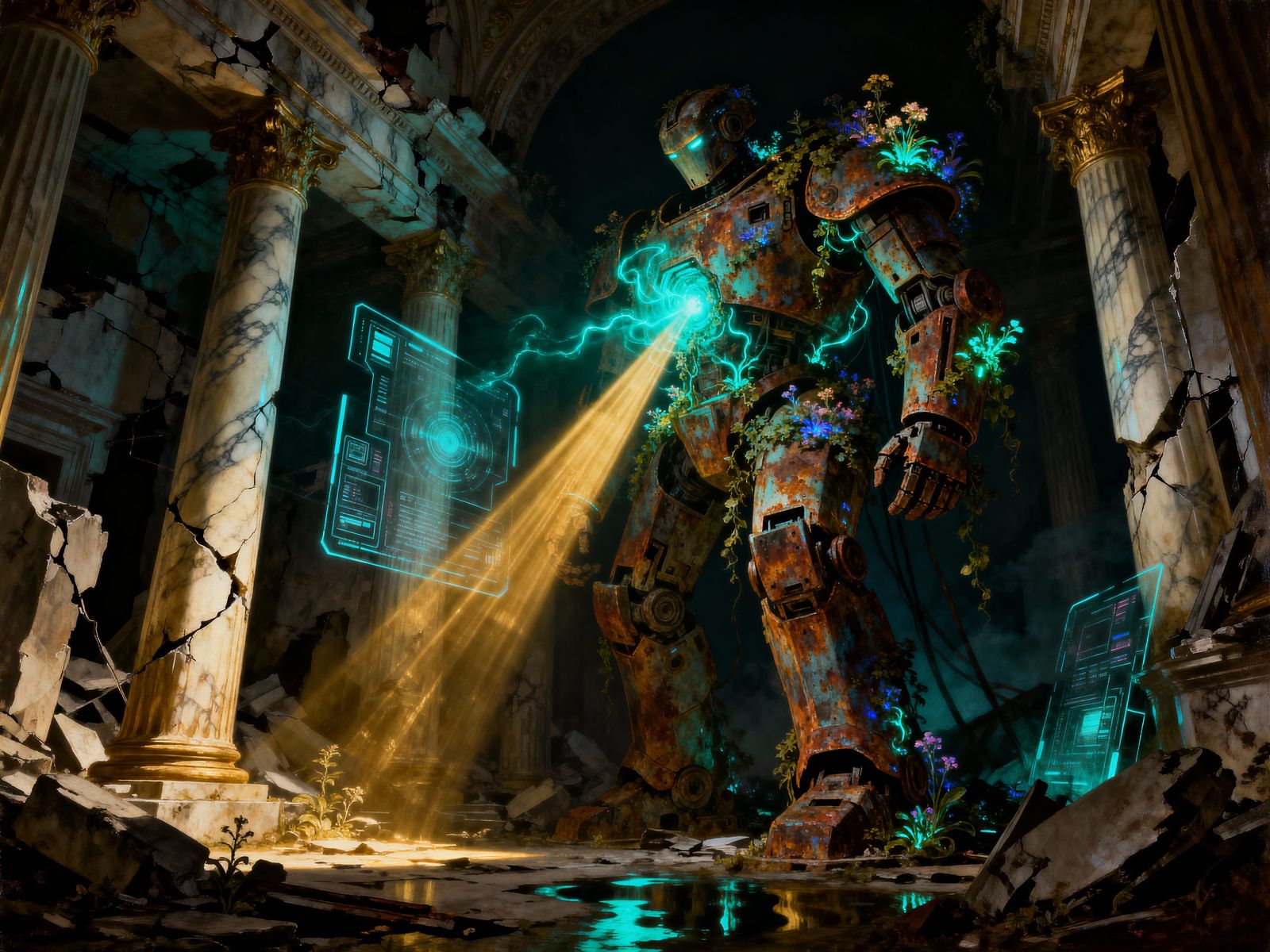 Ancient Robot Overgrown with Bioluminescent Flora