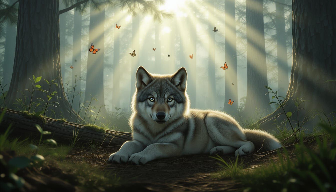 Wolf Pup in Misty Forest with Sun Rays