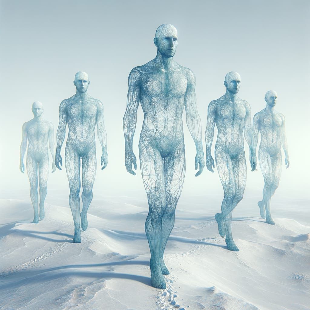 Ethereal Wireframe Figures March Across Frozen Tundra