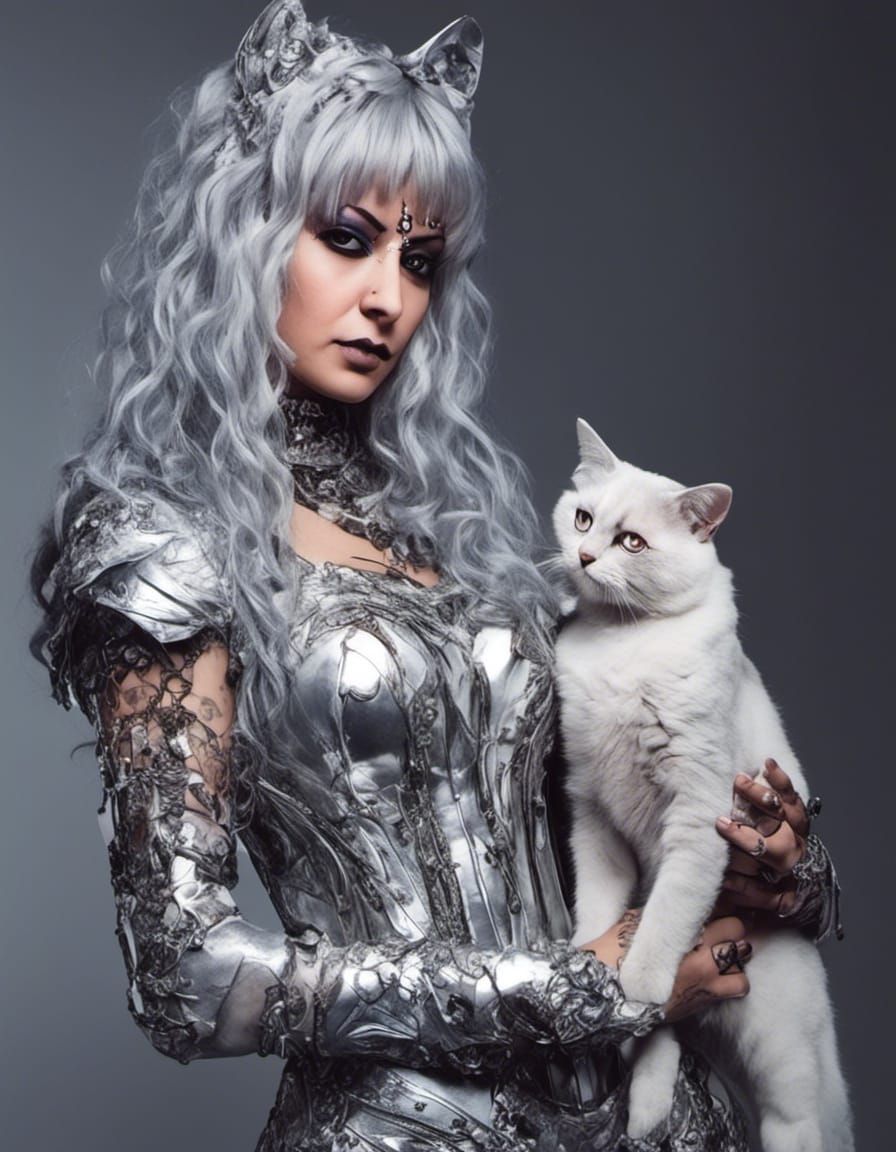 Woman in Silver Dress Holding Cat, Retrofuturistic Heroine