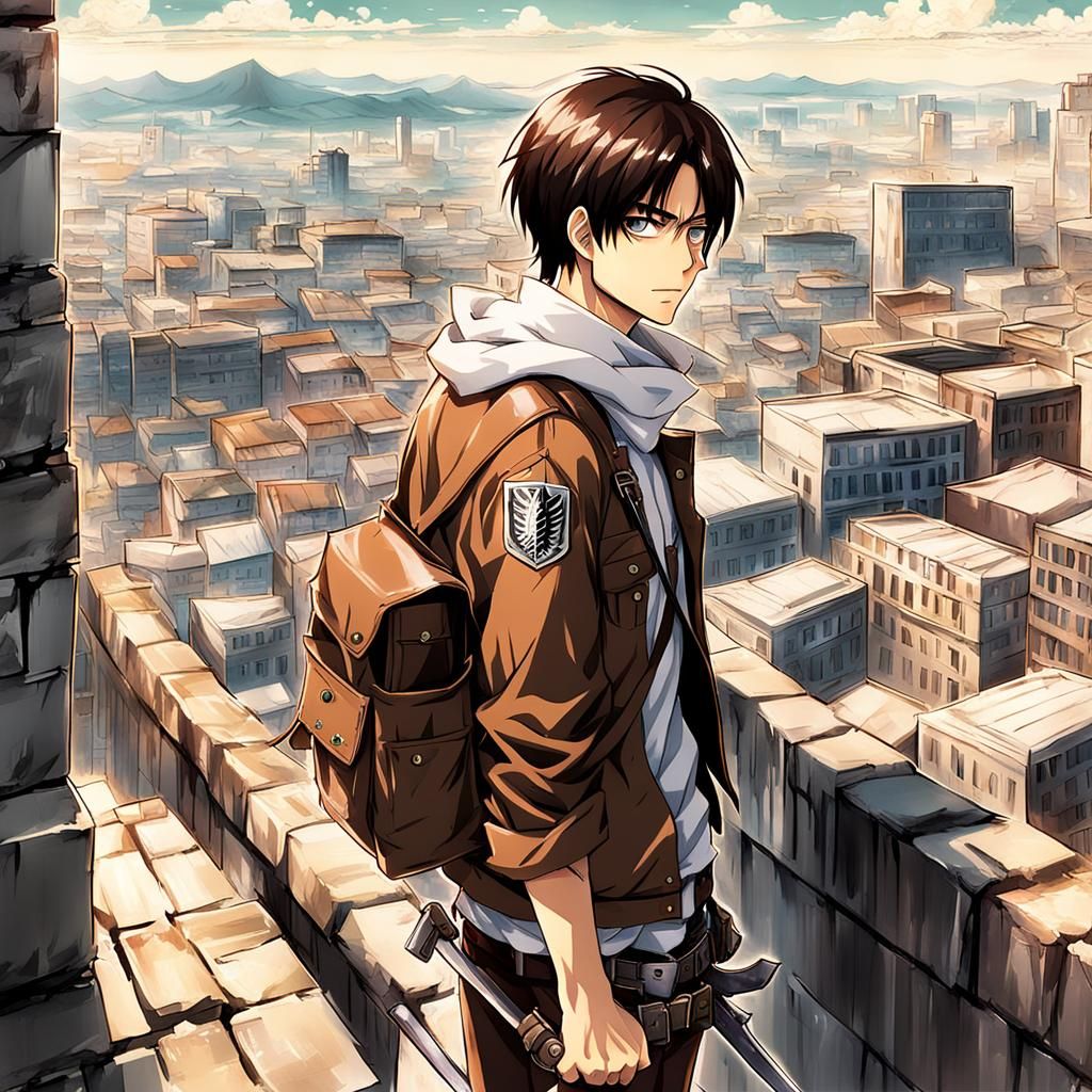 Eren Yeager Surveys the City in Anime Style