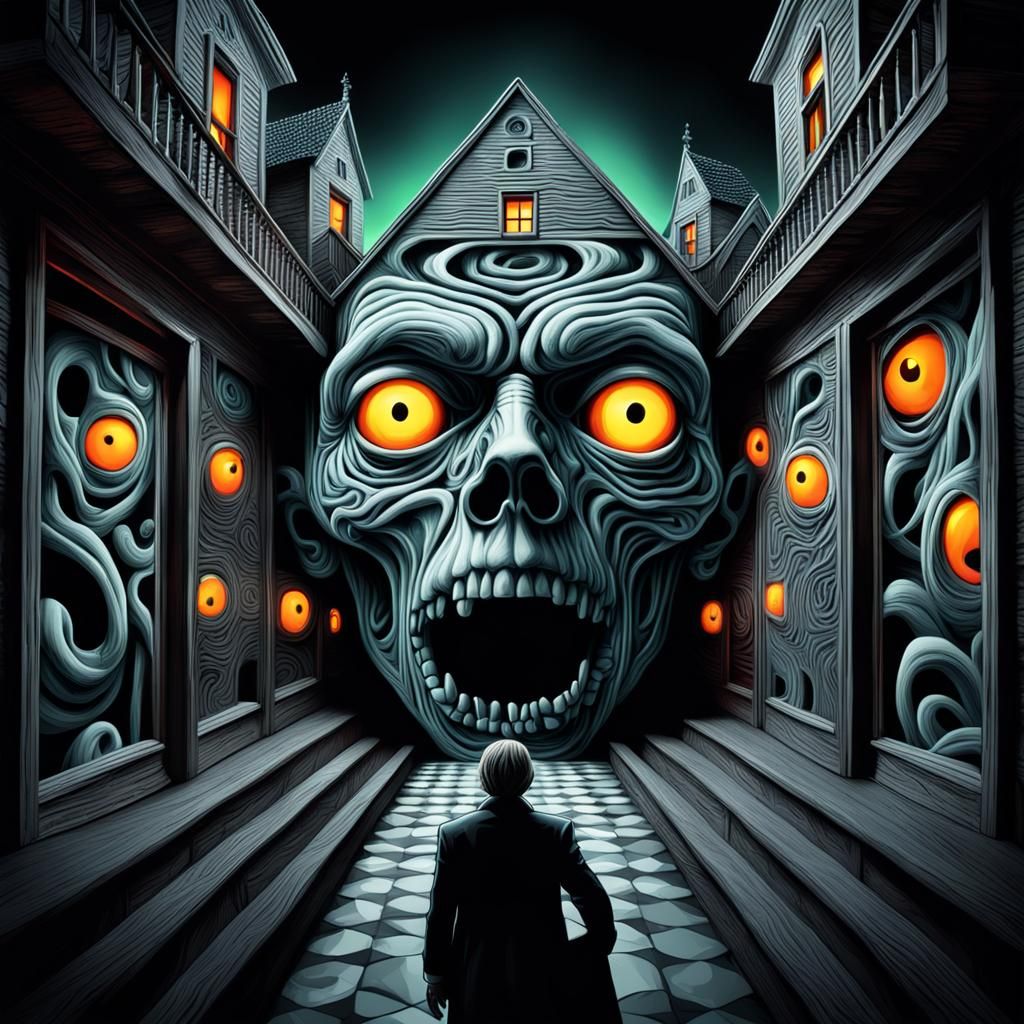 Magnetic Halloween Horror in Escher Neon Style