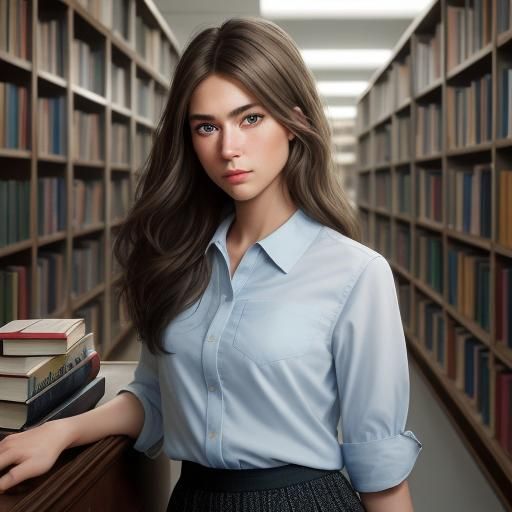 French Schoolgirl Portrait in Library, Mannerism Style