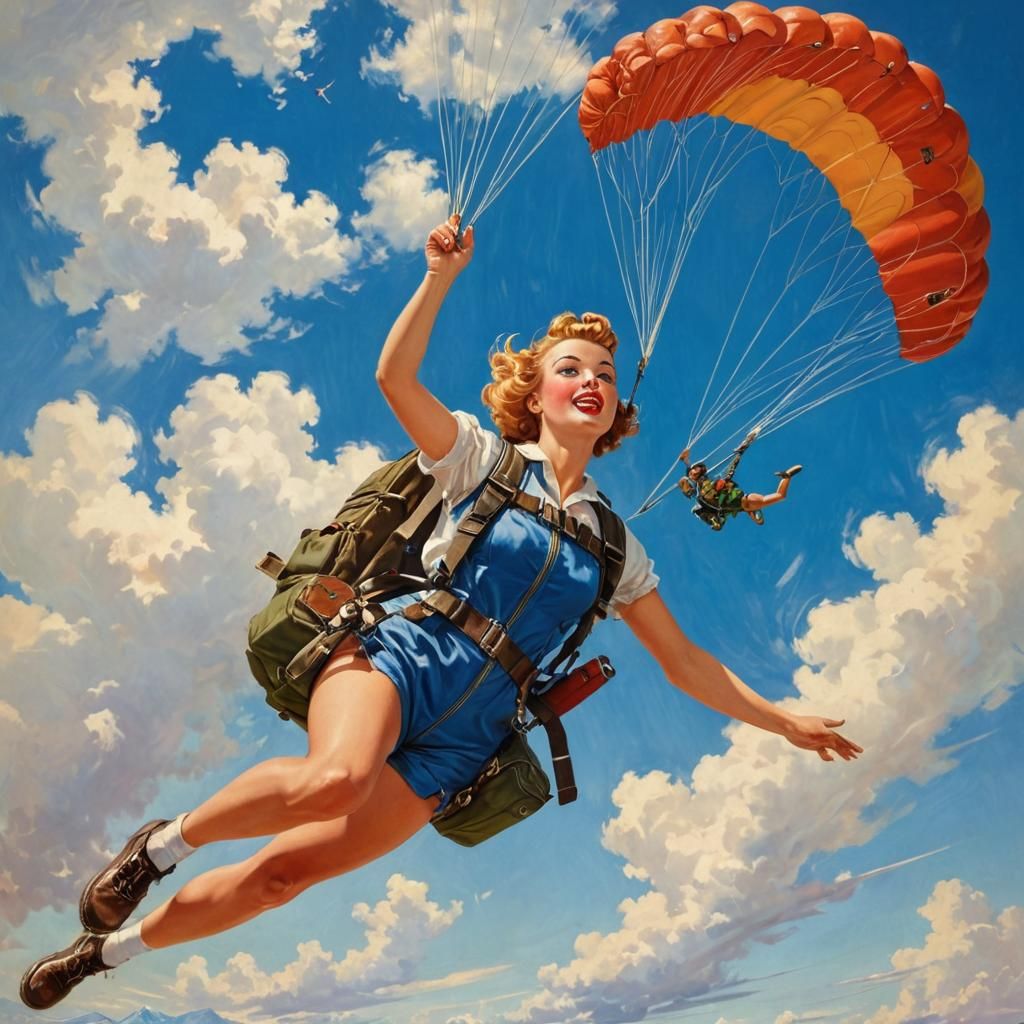Classic Pin-Up of a Skydiver in Blue Sky