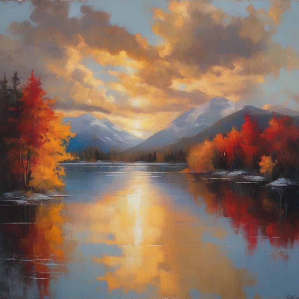 Crimson Trees Reflecting Mountains in Oil Painting Style