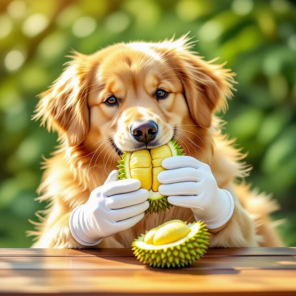 Fluffy Golden Retriever Eats Durian in Whimsical Illustratio...