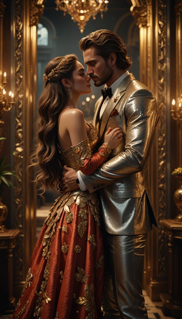 Luxurious Couple Embracing in a Treasure Trove