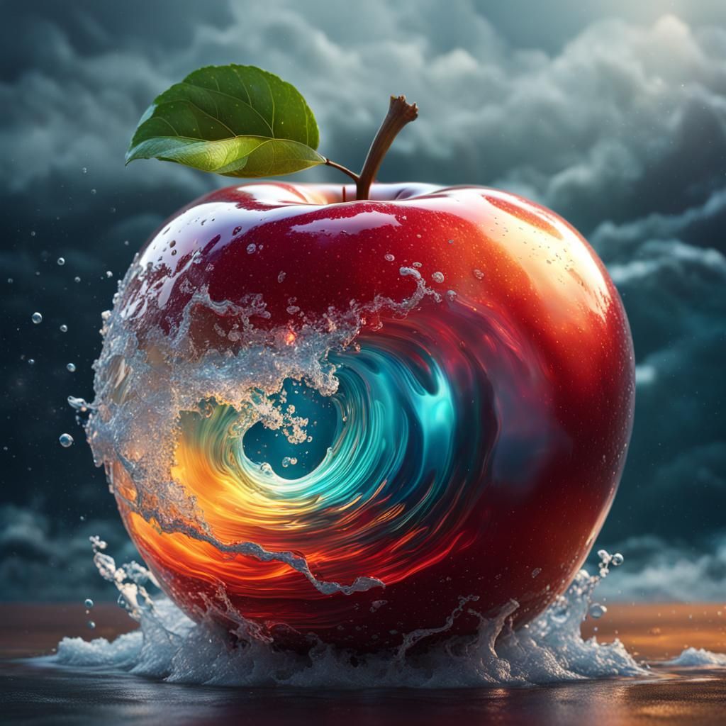 Stormy Sea Inside Crystal Apple: Hyperrealistic Splash Art