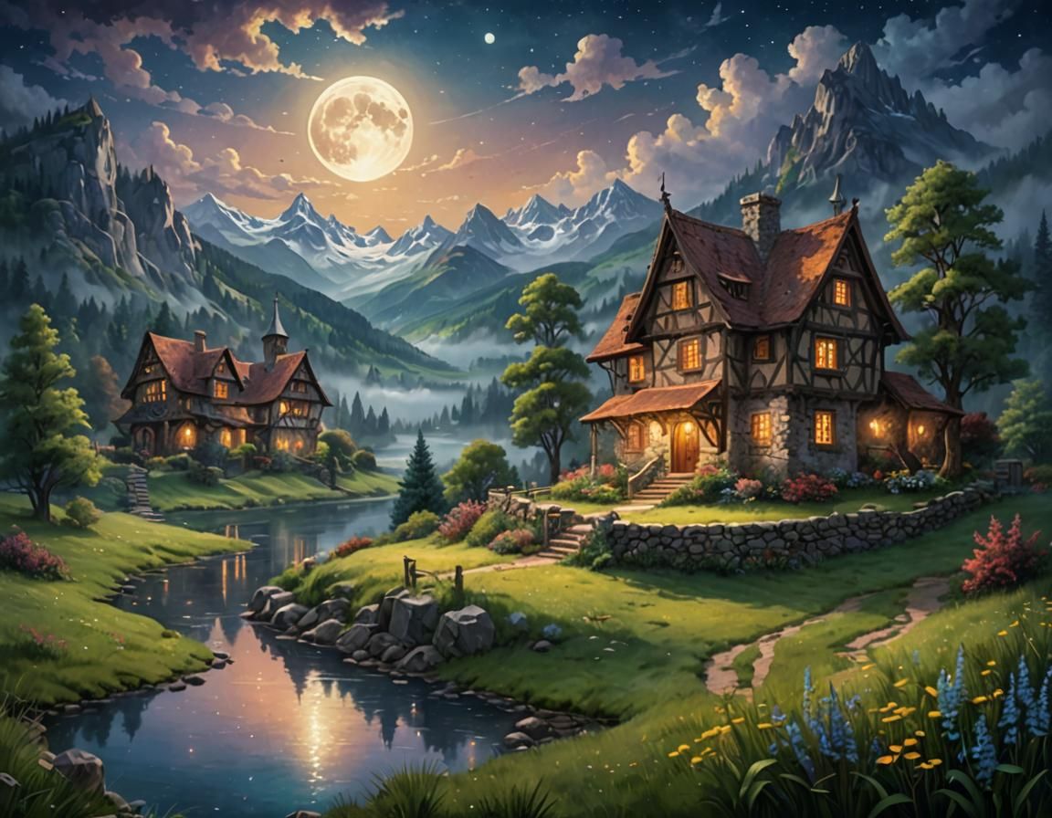 Medieval House in Mountain Meadow Under Moonlight