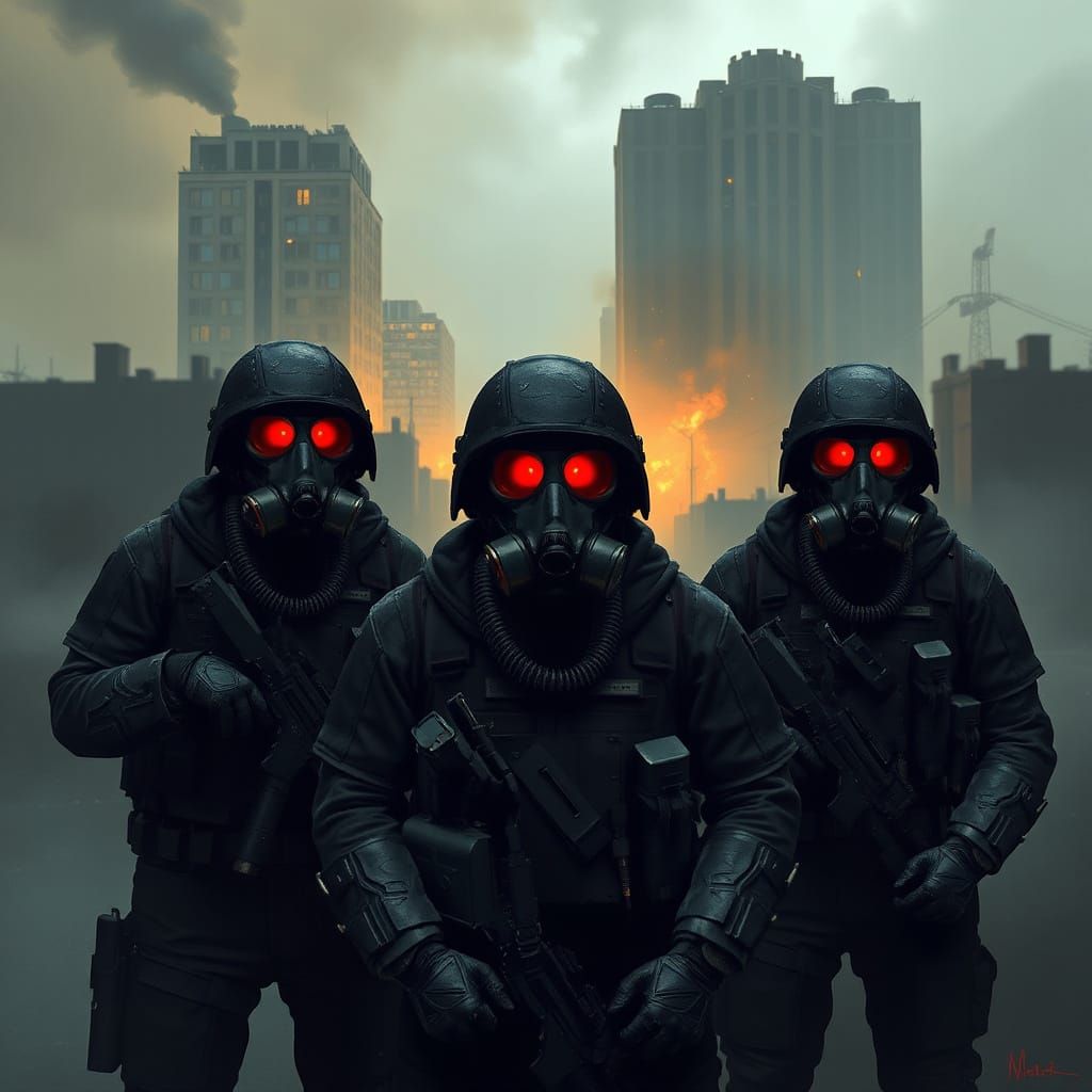 Futuristic Soldiers in a Foggy Dystopian City
