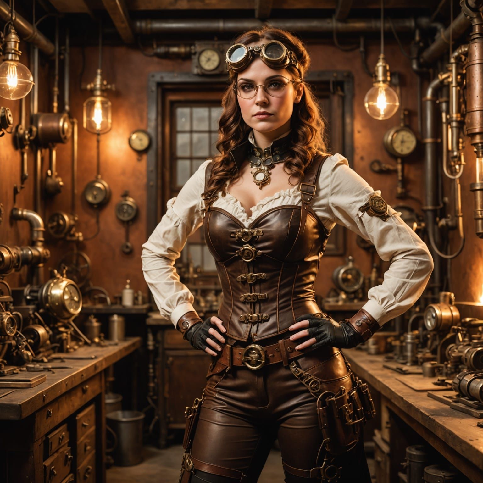 Steampunk Engineer in Workshop with Copper Tones