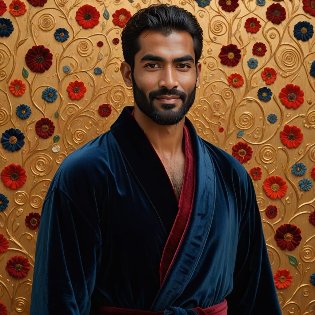 Smiling Man in Velvet Robe, Klimt-Inspired Portrait